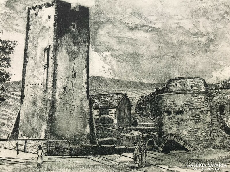 Rudolf Blahos: the Kiniz castle in Nagyvázsony - marked, numbered etching