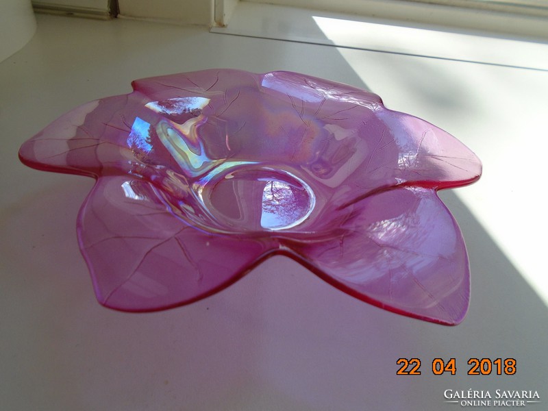 Irizáló rózsaszín virág formájú üveg bonbonier,dísztál 21 cm
