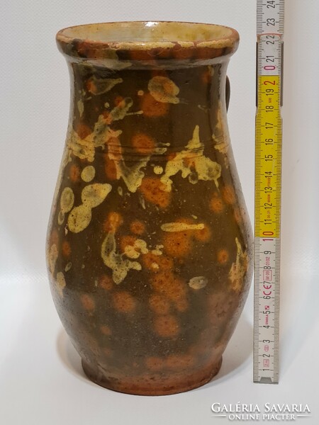 Folk, light brown, pale yellow glaze spots, dark brown glaze ceramic milk jug (2993)