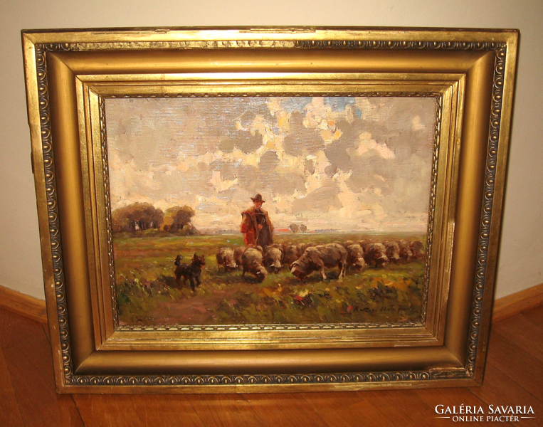 Wonderful guaranteed original János Uitz of Rákosi / 1887- /: shepherd with flock