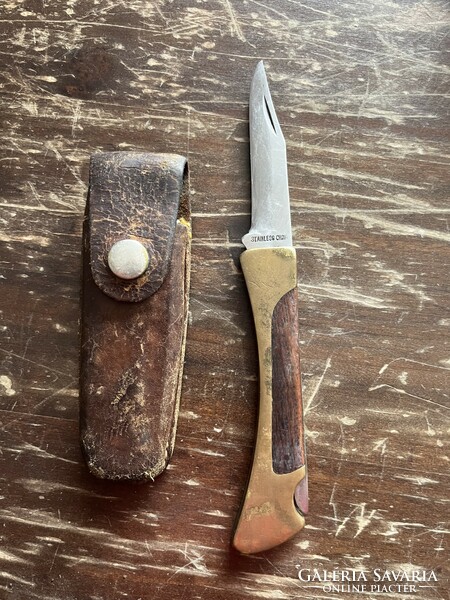 Old copper handle knife with wooden inlay with leather sheath