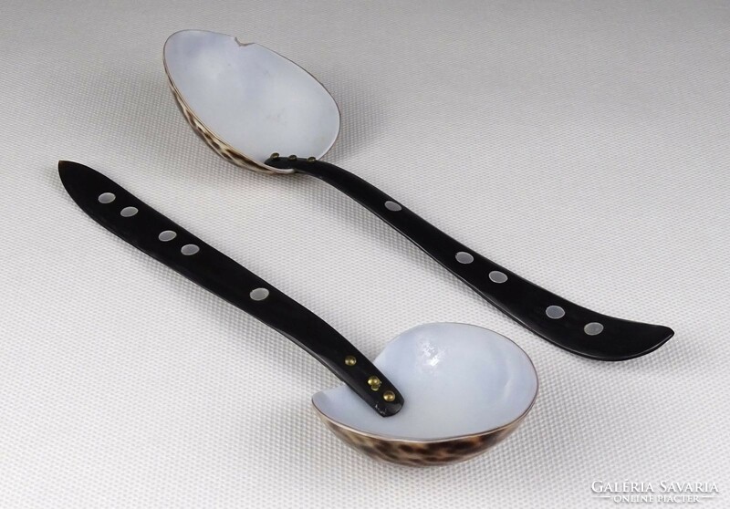 1Q910 old mother-of-pearl inlaid horn shell ladle pair 19 cm