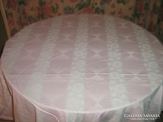 Beautiful vintage floral pink and white huge damask tablecloth