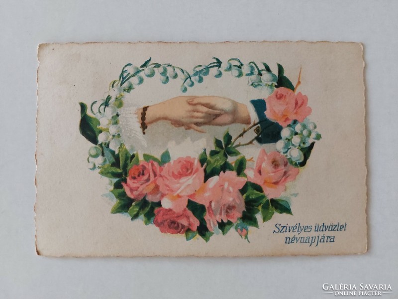Régi képeslap rózsa kézfogó gyöngyvirág 1940