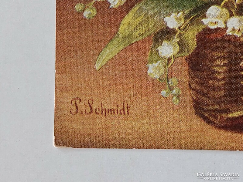 Régi virágos képeslap gyöngyvirág csendélet P. Schmidt 1913