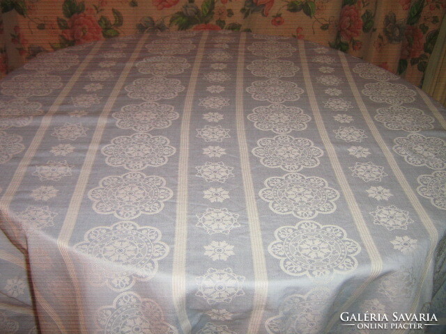 Beautiful antique vintage floral pale blue white huge damask tablecloth