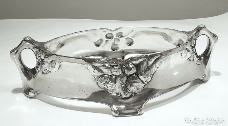 Szecessziós ezüstözött asztalközép, eredeti üvegbetéttel