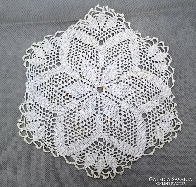 Old lace tablecloth, handwork, porcelain, decorative object under porcelain 24 cm.