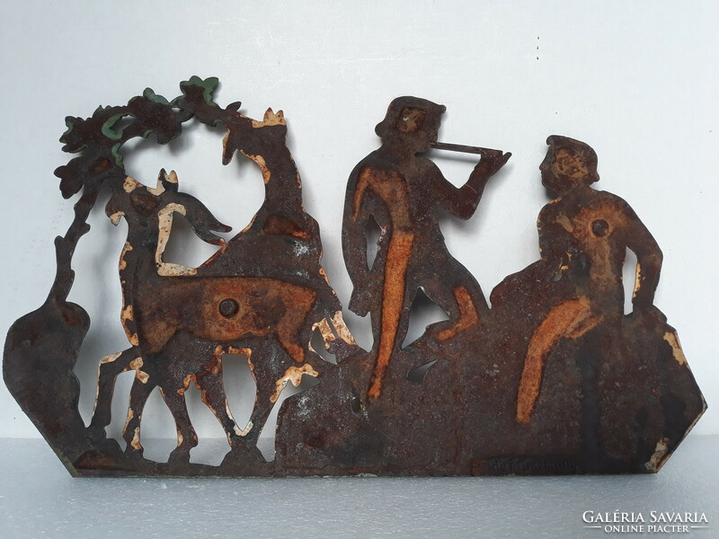 Marked antique cast iron picture with a romantic scene