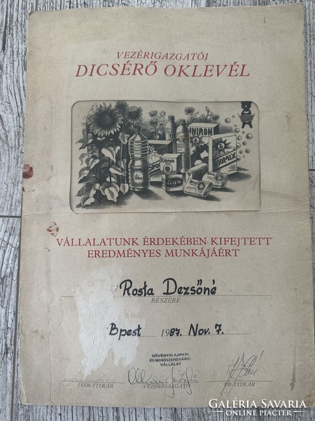 Vezérigazgatói Dicsérő oklevél NÖVÉNYOLAJIPARI ÉS MOSÓSZERGYÁRTO VÁLLALAT 1987