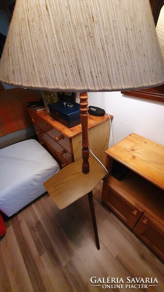 Folding carpentry floor lamp. Old, made of wood. With a huge, santung textile lampshade.
