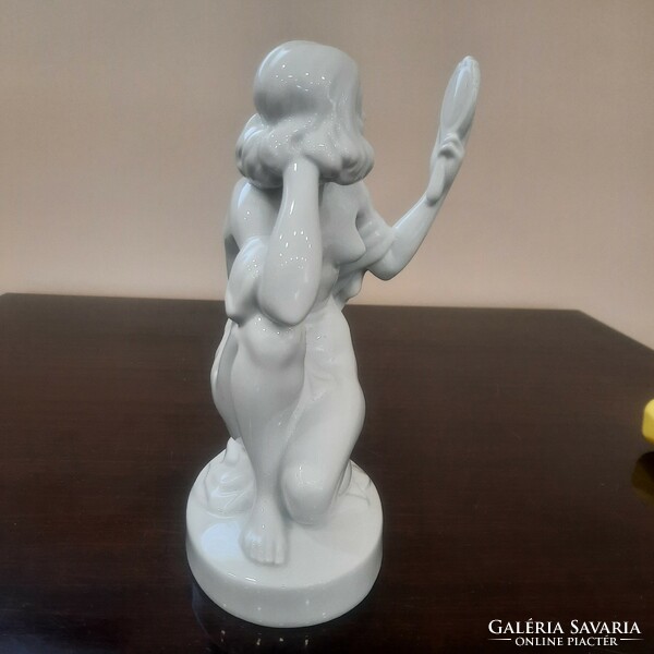 White Herend porcelain woman with mirror, female nude figure 1.Ost.
