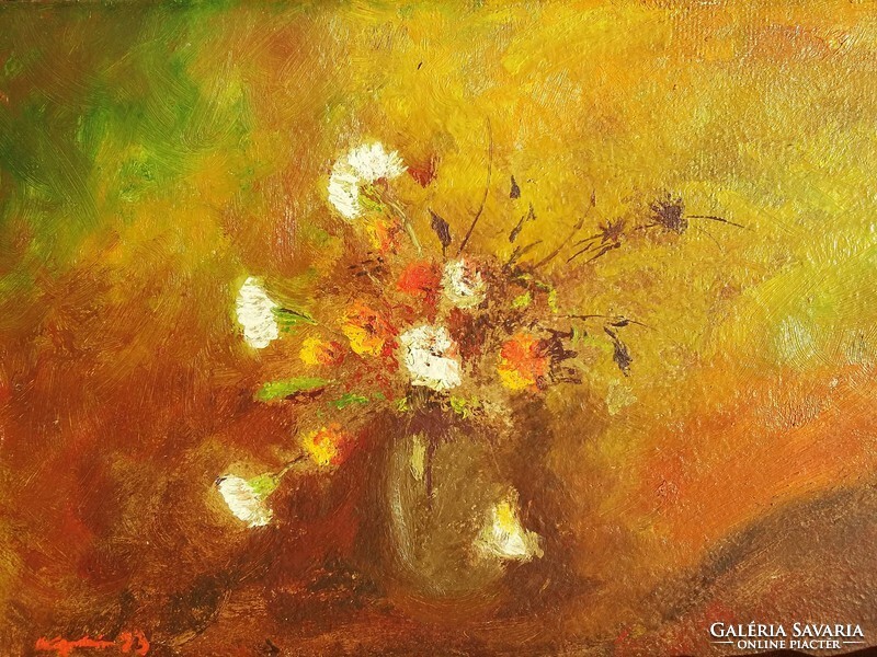 Szignózott virág csendélet festmény, új impozáns fa keretben