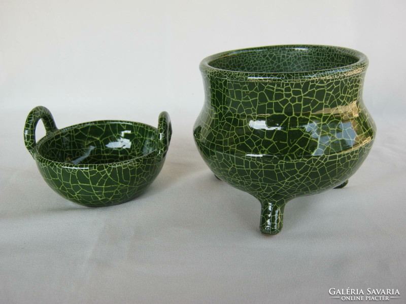 Green glazed ceramic ikebana bowl with vase + basket