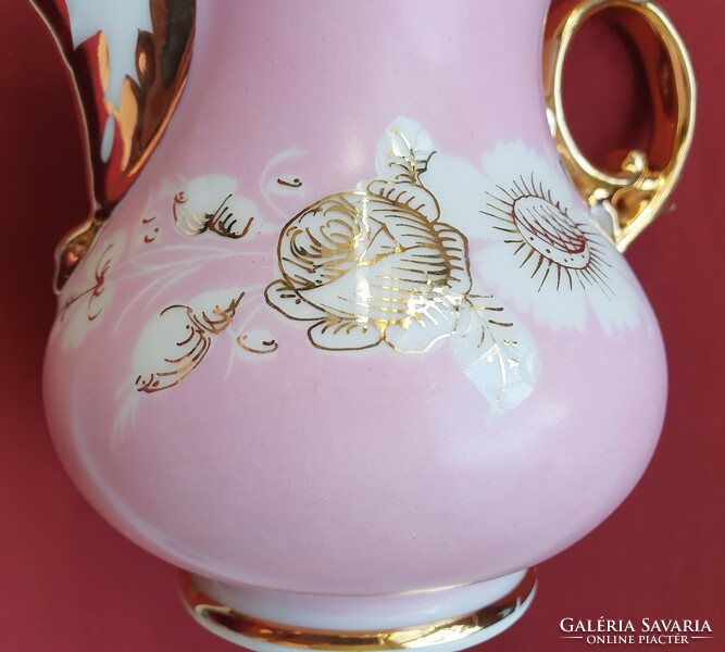 Antik vintage régi rózsaszín púder porcelán kacsó kanna teás kávés arany széllel kiöntő