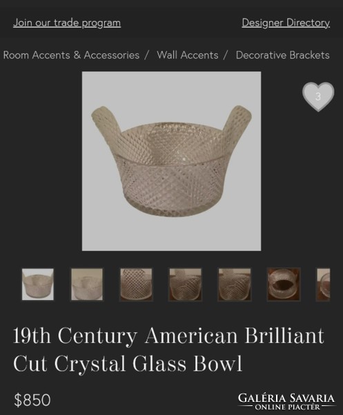 * 19. századi amerikai briliáns csiszolású kristályüveg tál ﻿﻿Kristály füles tál / Cut Crystal USA /