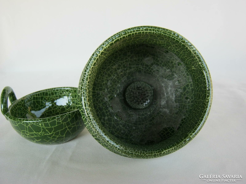 Green glazed ceramic ikebana bowl with vase + basket