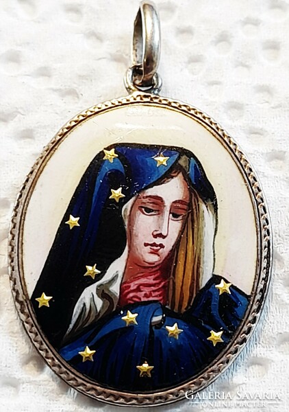 Antique Hungarian enamel Mary pendant with silver frame