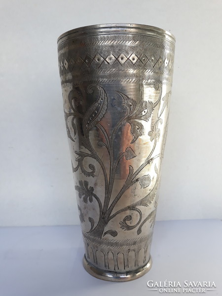 Antique silver-plated alpaca vase / cup with hand-engraved pattern