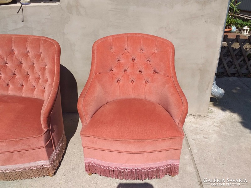 Antique girl's sofa and armchair, powder-colored velvet, flawless