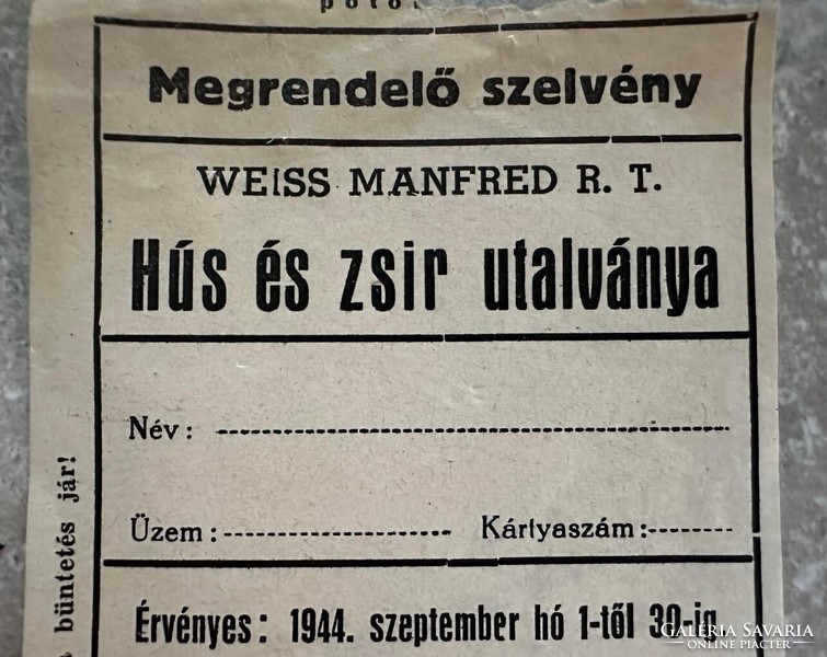 Weiss Manfred R.T. Hús és zsír utalványa 1944