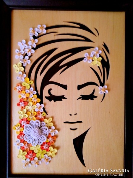 Wall, decorative picture, on a wooden base, with quilling technique, size 33x24cm