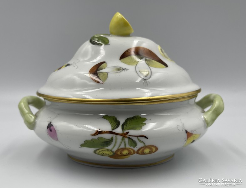 Jubilee bonbonier with Herend fruit pattern, painted by a master with a lemon holder