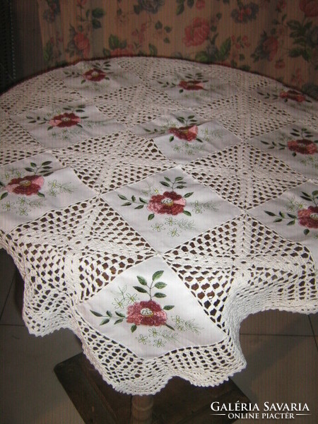 Beautiful hand crocheted embroidered floral white tablecloth