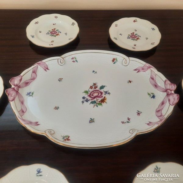 Herendi Nanking Bouquet porcelán süteményes készlet szalagtállal