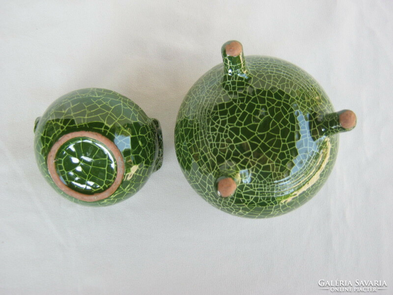 Green glazed ceramic ikebana bowl with vase + basket