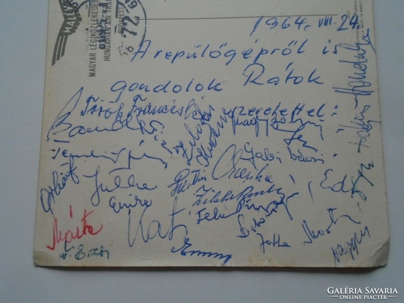 D202002  AJKA-Erőmű Szén Laboratórium-személyzet repülő utjáról küldött képeslap aláírásokkal 1964