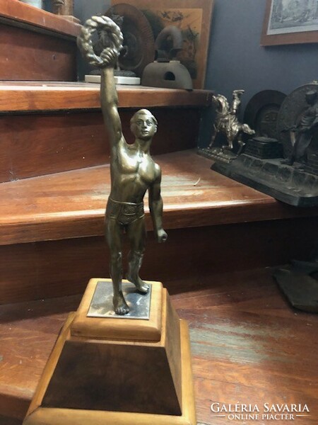 Antique bronze Olympian male statue, height 28 cm.
