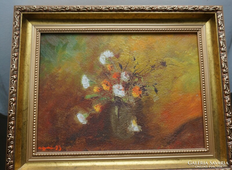 Signed flower still life painting, new in an impressive wooden frame