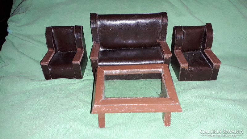 Old toy wooden doll's room furniture leather sofa set + glass table 12-18 cm together for dolls according to pictures