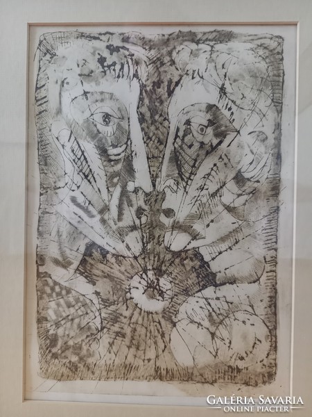 Graphics by István Kondor from the 1970s, monochrome print, two human heads, in a contemporary wooden frame