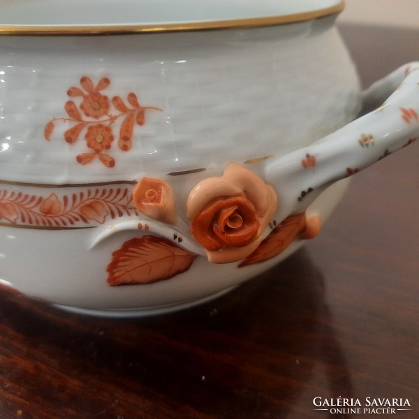 Herend orange Appony pattern porcelain sauce and soup bowl with bird catch