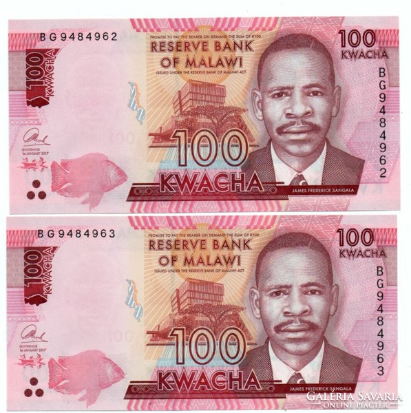 100  Kwacha  2 db párban  Sorszámkövető  2017 Malawi