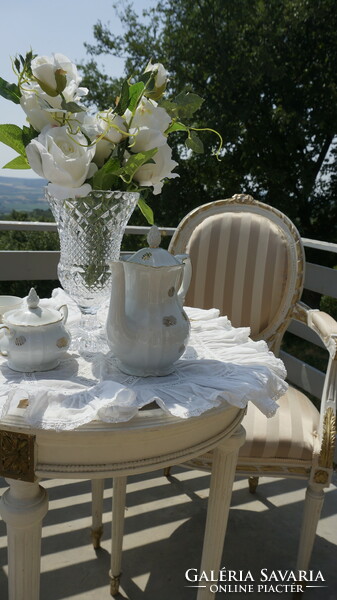 Louis period style table and two armchairs, with new upholstery