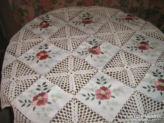 Beautiful hand crocheted embroidered floral white tablecloth