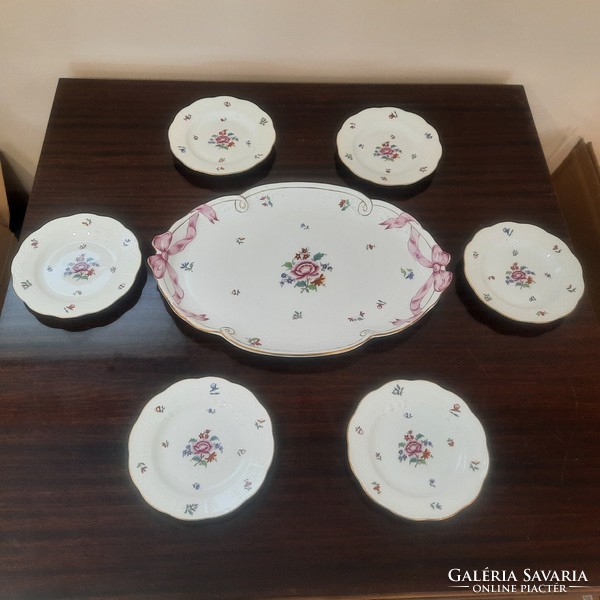 Herendi Nanking Bouquet porcelán süteményes készlet szalagtállal