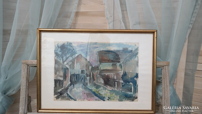 Village street scene, watercolor, signed, in a beautiful golden wooden frame