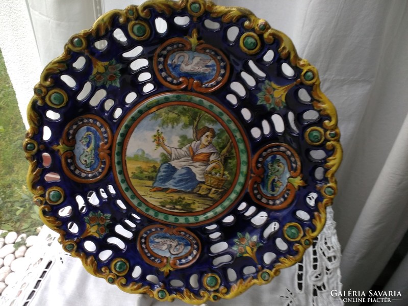 Hand-painted, pewter-glazed openwork cobalt blue antique majolica wall plate