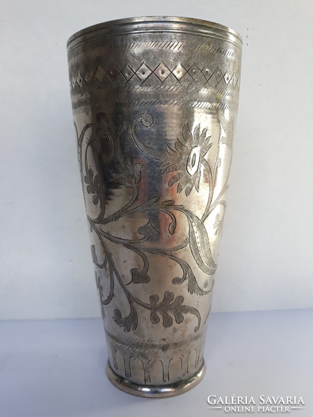 Antique silver-plated alpaca vase / cup with hand-engraved pattern