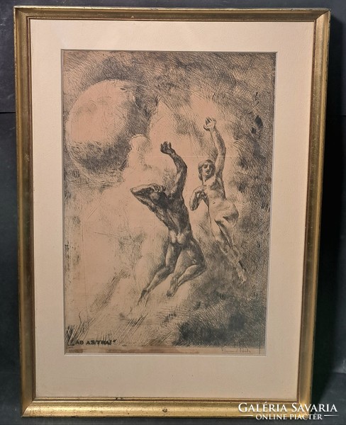 Béla Emanuel: ad astra (large etching) 1940s graphics - up to the stars, celestial scene