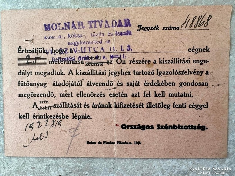 Szénelosztási kormánybiztos levelező lap 1922