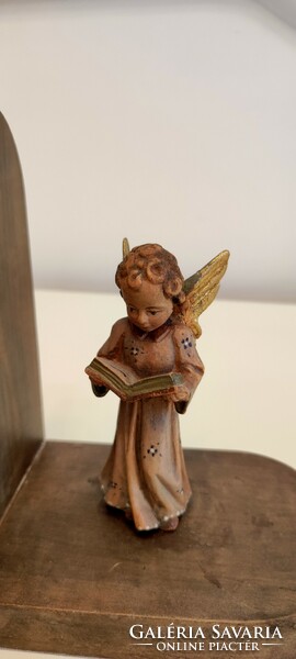 Antik, fából készült, faragott, kézzel festett, angyalkás könyvtámasz pár angyal