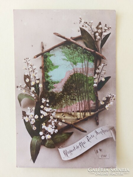 Régi képeslap tavaszi tájkép gyöngyvirág
