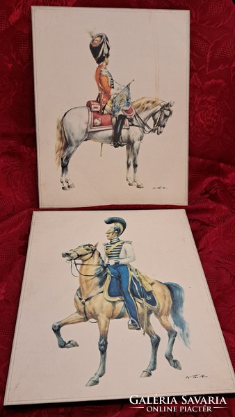 2 pictures of soldiers on horseback, color print (l4628)