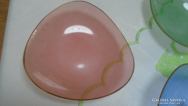 Beautiful old colorful thin glass serving bowl with 6 small plates, flawless