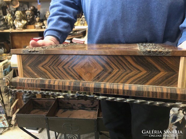 Inlaid wood box with bronze decorations, size 45 x 35 cm.